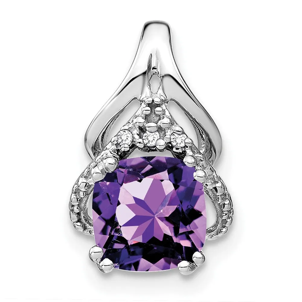 14k White Gold Cushion Amethyst and Diamond Pendant