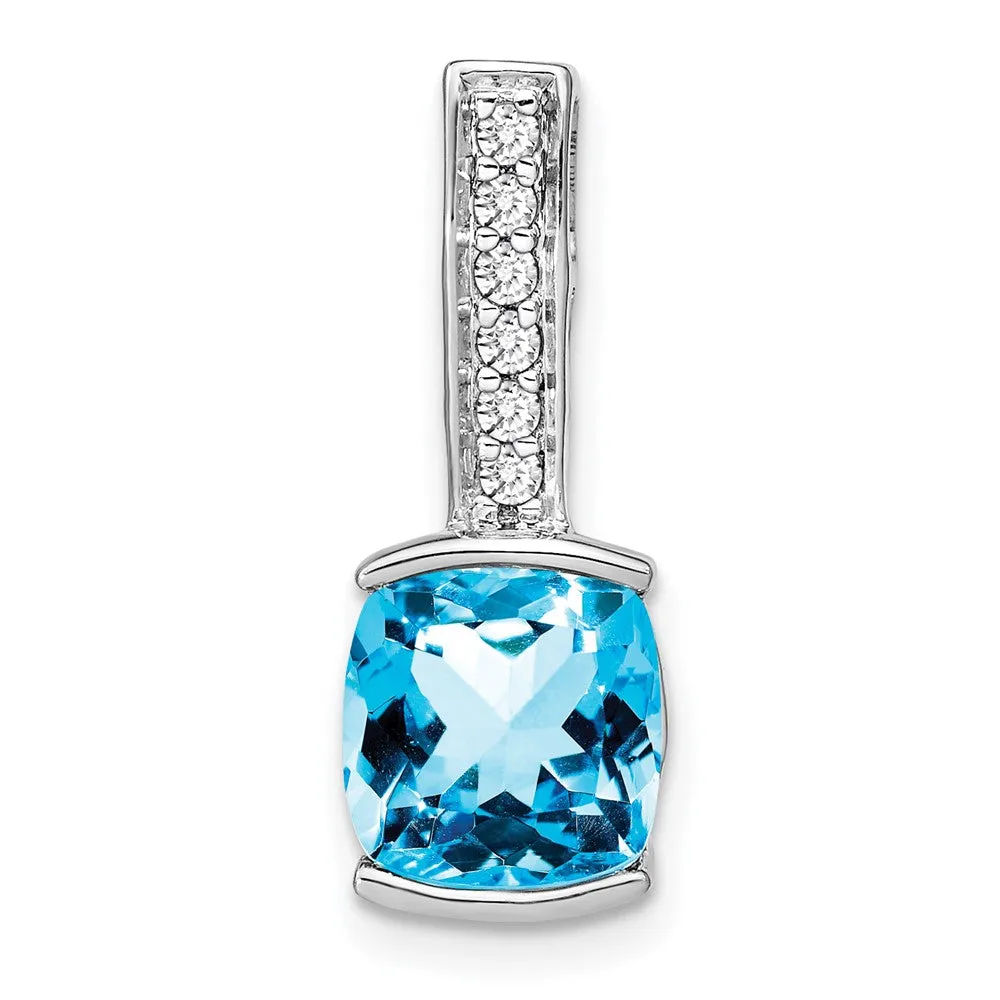 14k White Gold Cushion Blue Topaz and Diamond Pendant