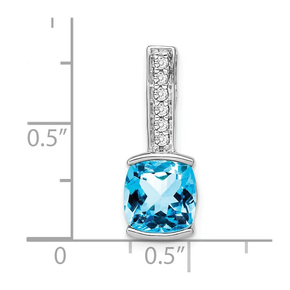 14k White Gold Cushion Blue Topaz and Diamond Pendant