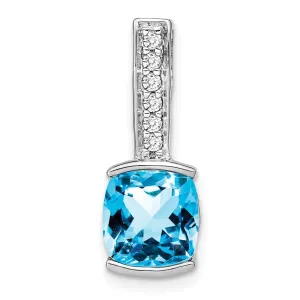 14k White Gold Cushion Blue Topaz and Diamond Pendant