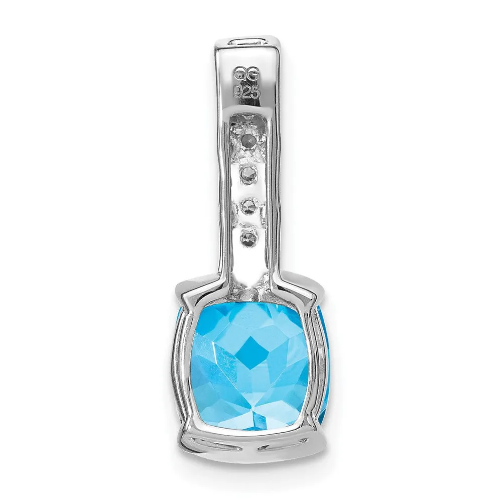 14k White Gold Cushion Blue Topaz and Diamond Pendant