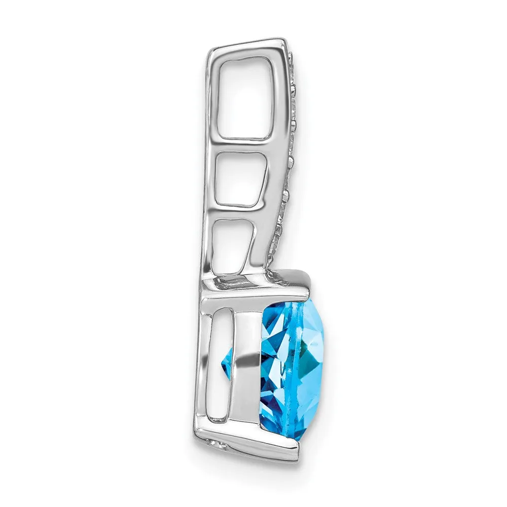 14k White Gold Cushion Blue Topaz and Diamond Pendant