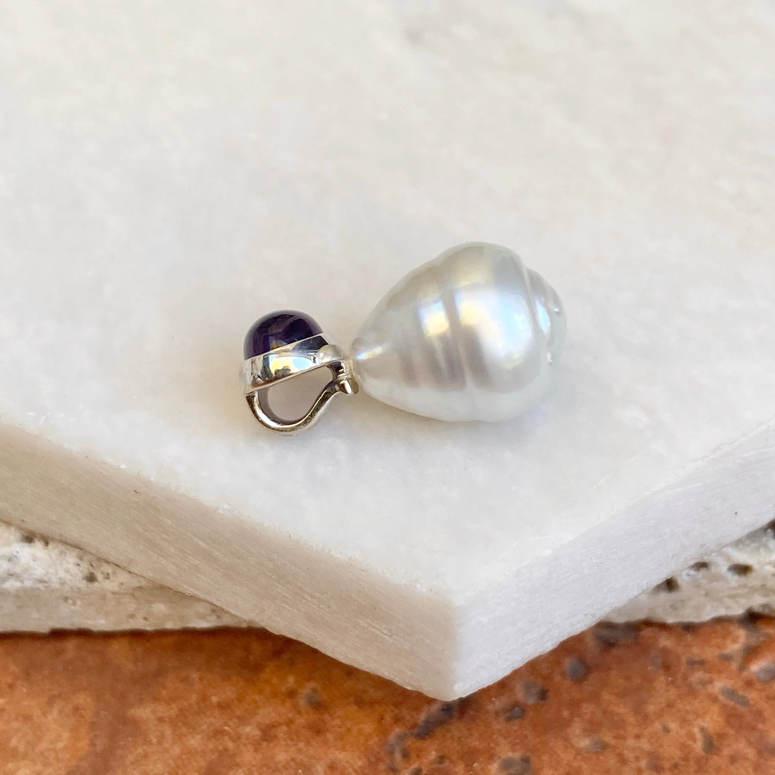 14KT White Gold Cabochon Amethyst   11mm Paspaley South Sea Pearl Pendant Slide #3