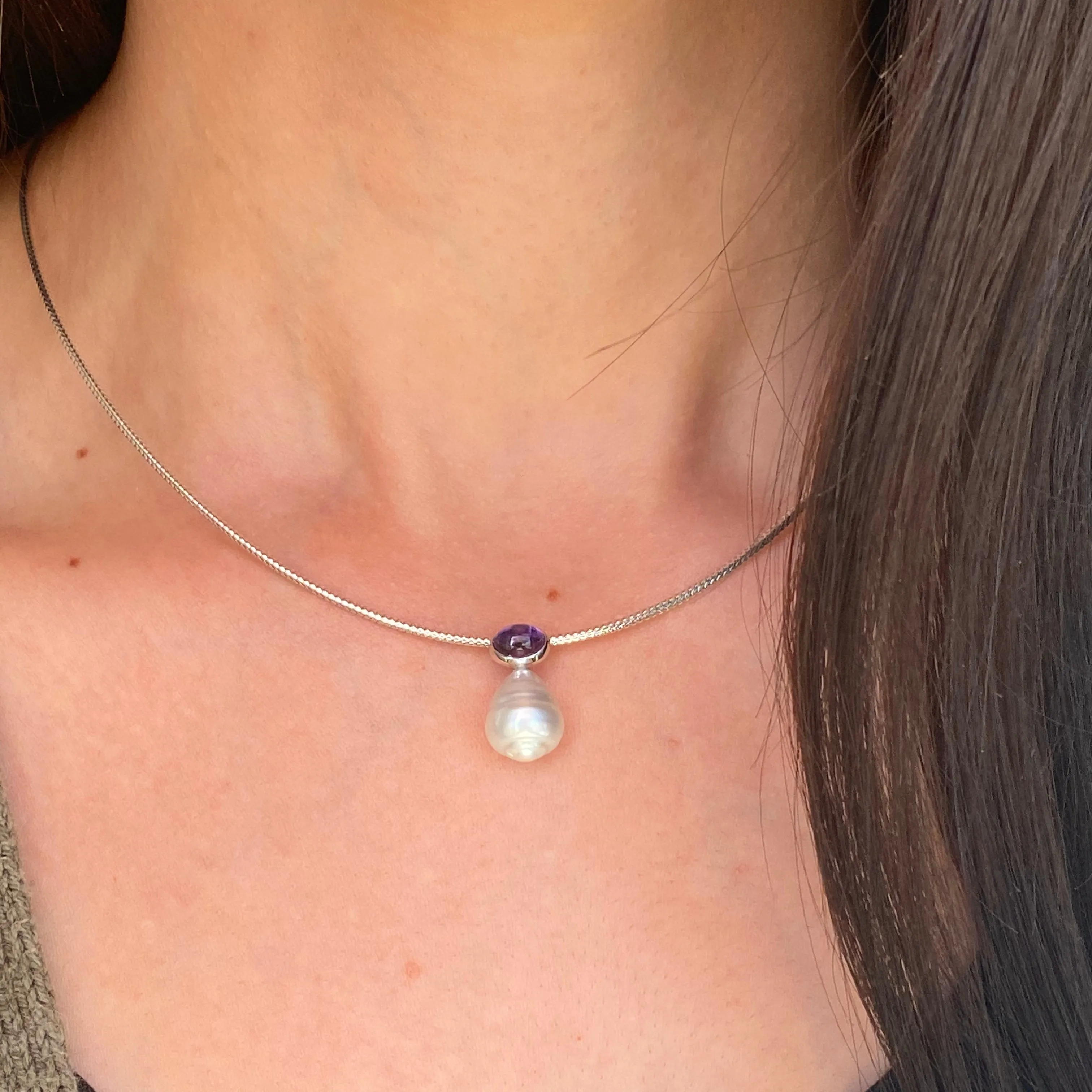 14KT White Gold Cabochon Amethyst   11mm Paspaley South Sea Pearl Pendant Slide #3