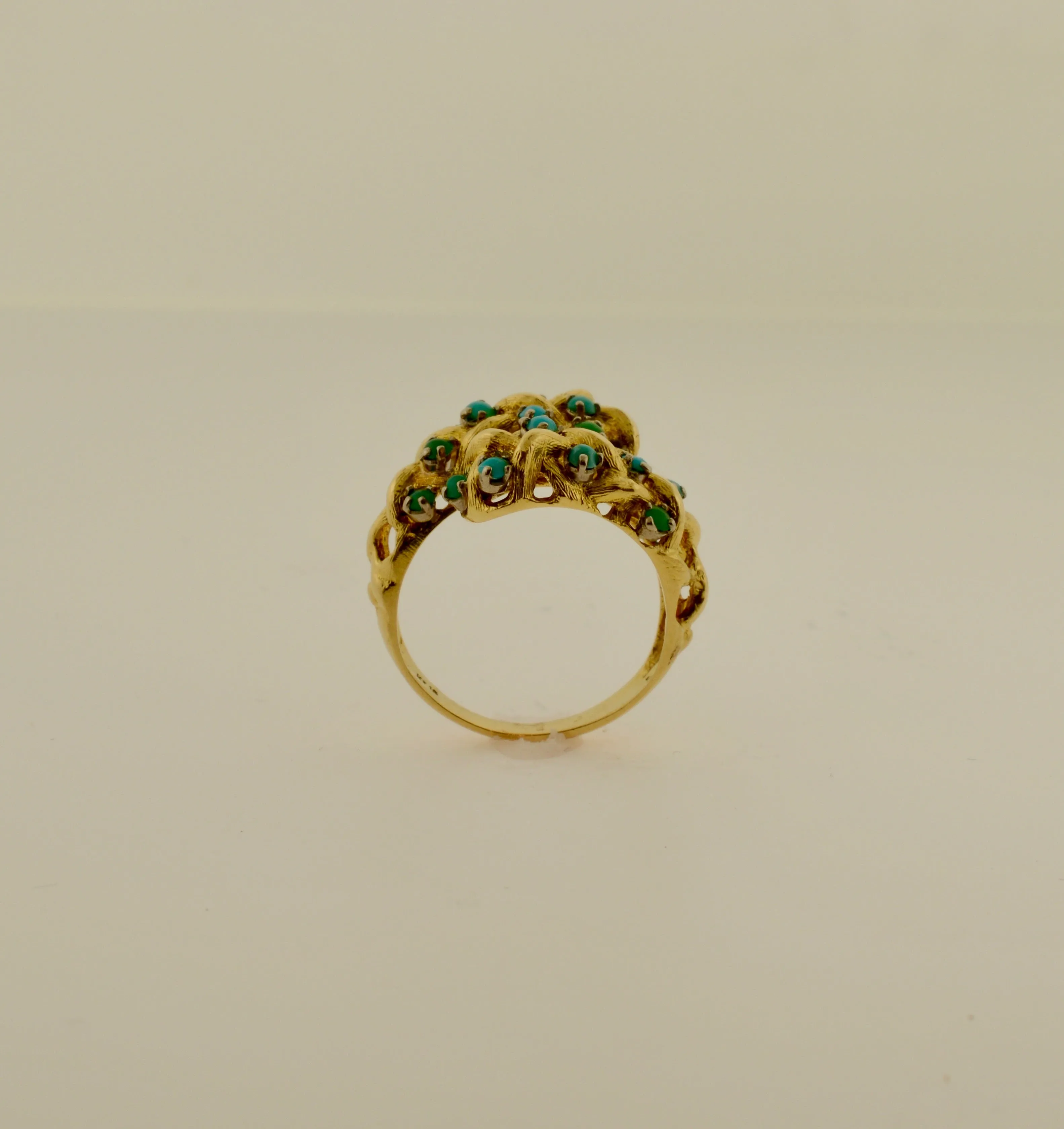18K Yellow Gold Woven Bypass Ring with 20 Turquoise Stones