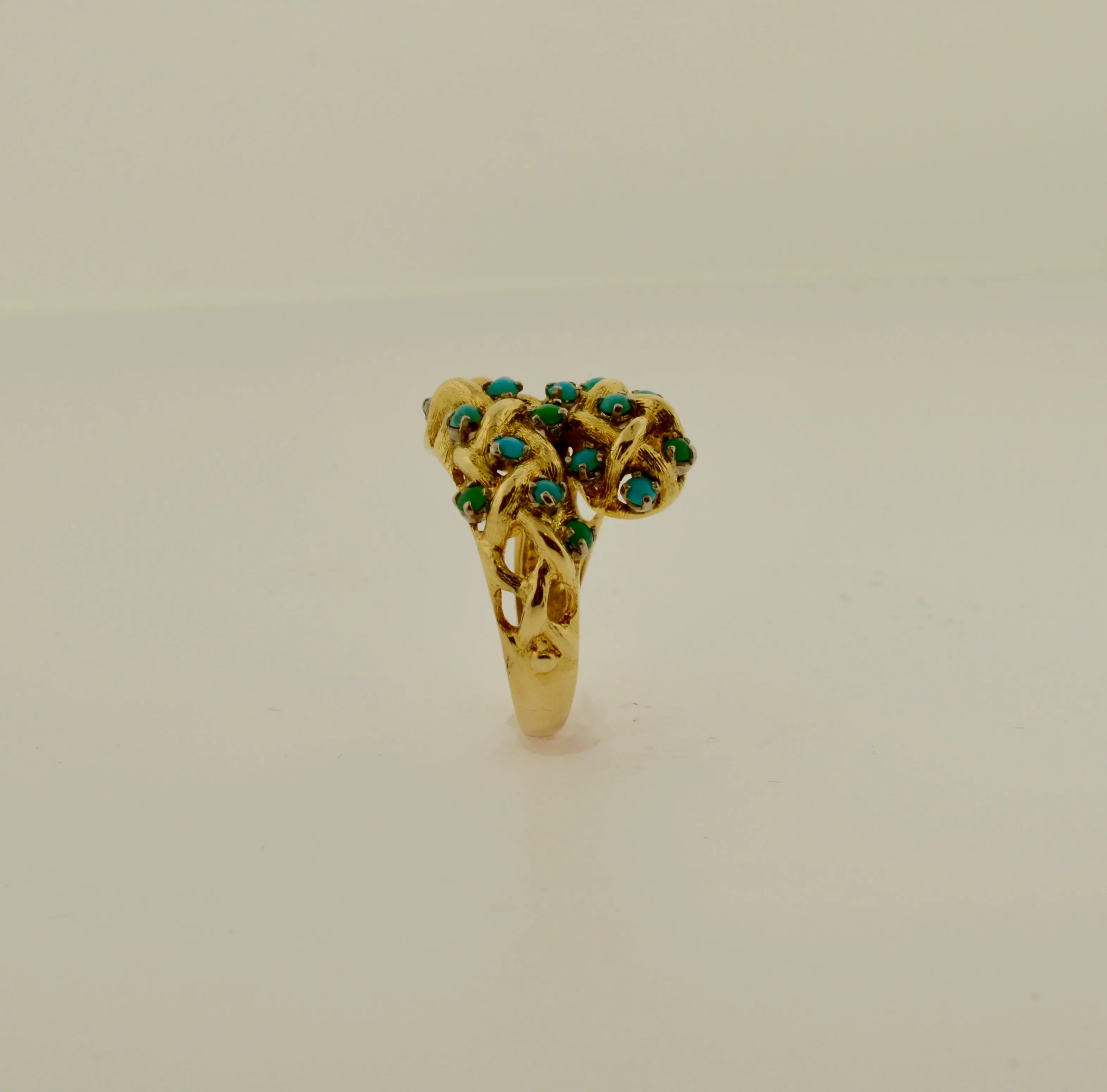 18K Yellow Gold Woven Bypass Ring with 20 Turquoise Stones