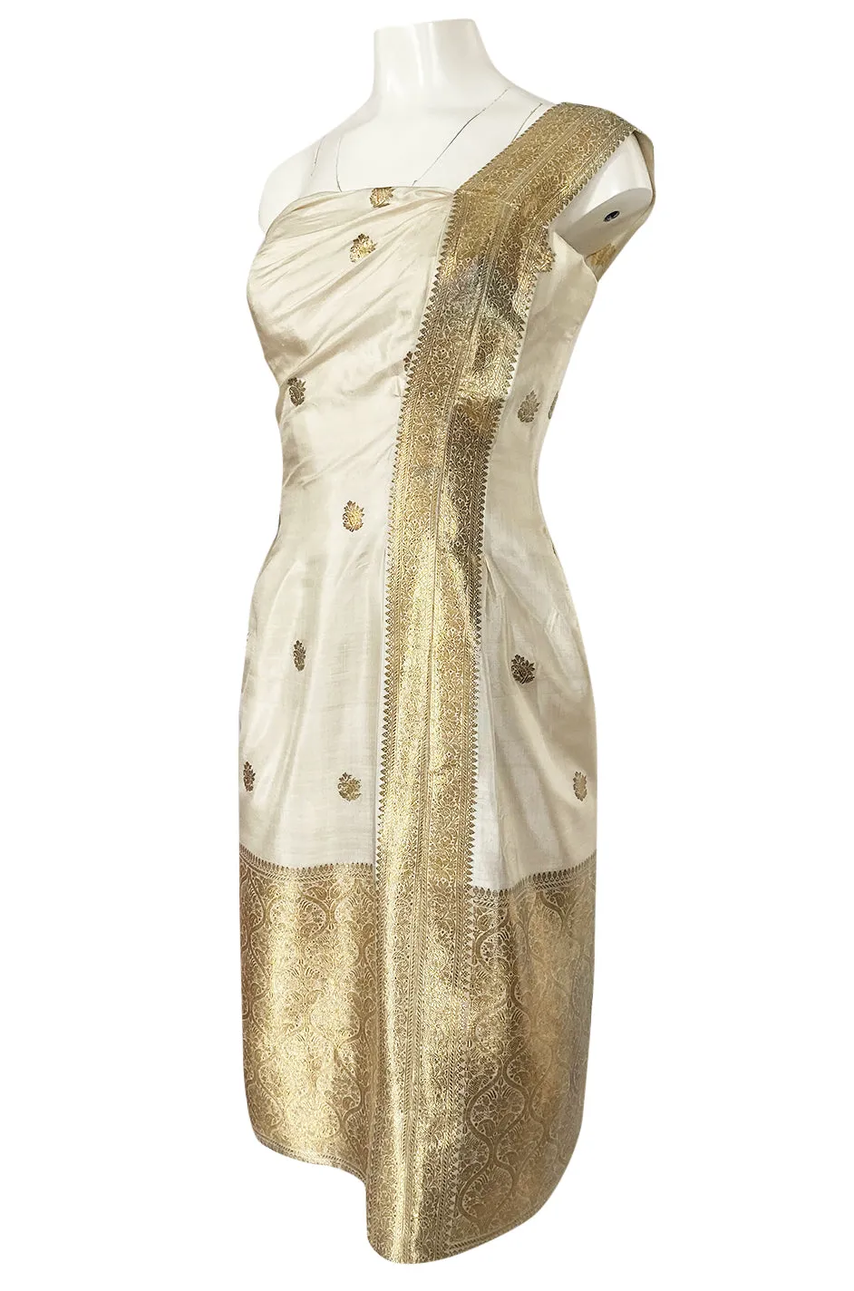 1960s Stavropoulos Gold Embroidered Ivory Silk One Shoulder Dress & Coat