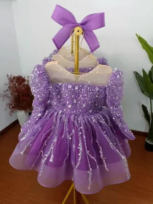 2-12 yrs Girls elegant sequined princess dressfor  birthday long sleeve wedding party dress