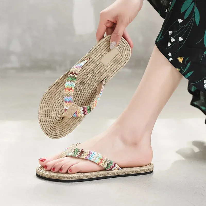 2024 Woven Flip-flops For Women Summer Fashion Casual Trendy Outer Wear Wedge Beach Flip-flops Flower Thick Soles