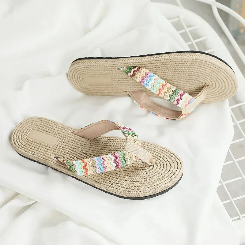 2024 Woven Flip-flops For Women Summer Fashion Casual Trendy Outer Wear Wedge Beach Flip-flops Flower Thick Soles