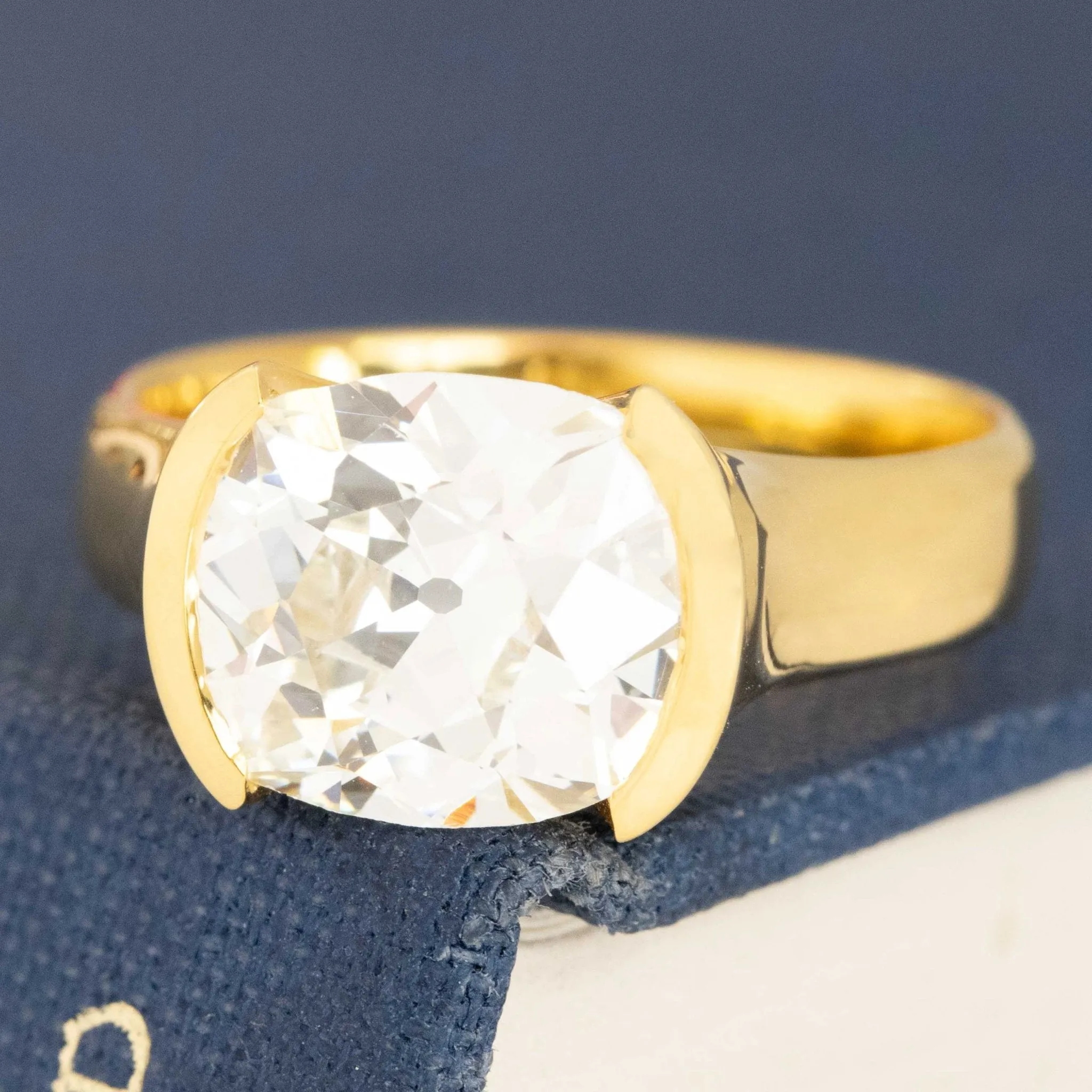 3.01ct Elongated Old Mine Cut Diamond Half-Bezel Solitaire