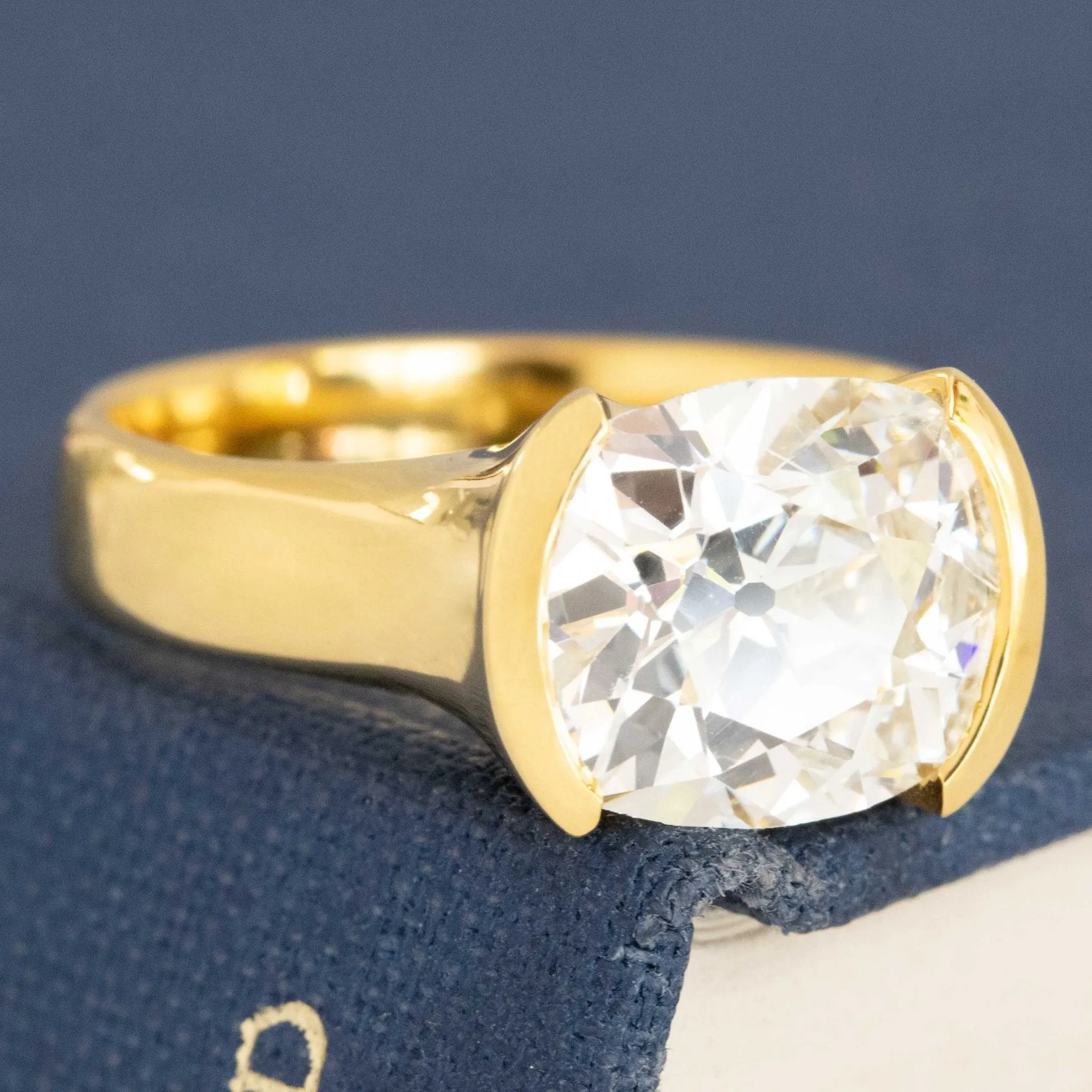 3.01ct Elongated Old Mine Cut Diamond Half-Bezel Solitaire