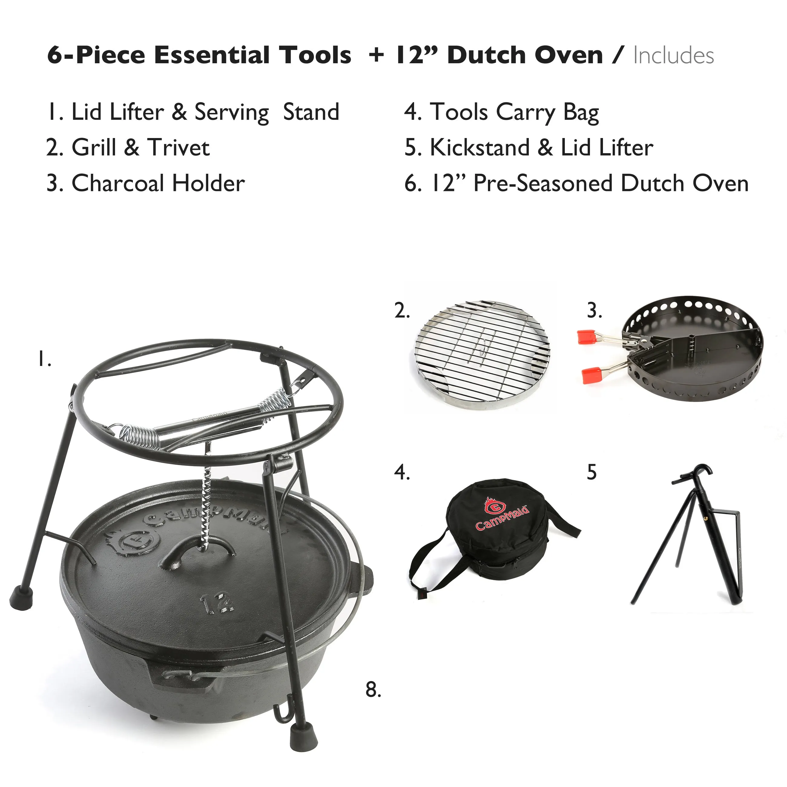6-Piece Dutch Oven Set With 12" Dutch Oven Without Legs