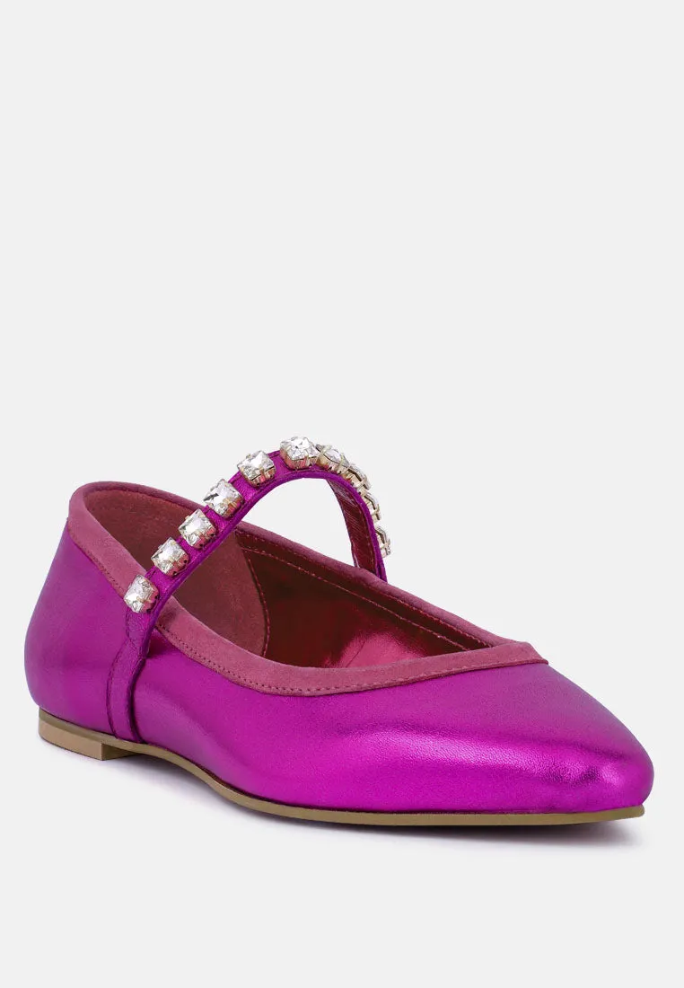 Alverno Metallic Diamante Mary Jane Leather Flats By Ruw