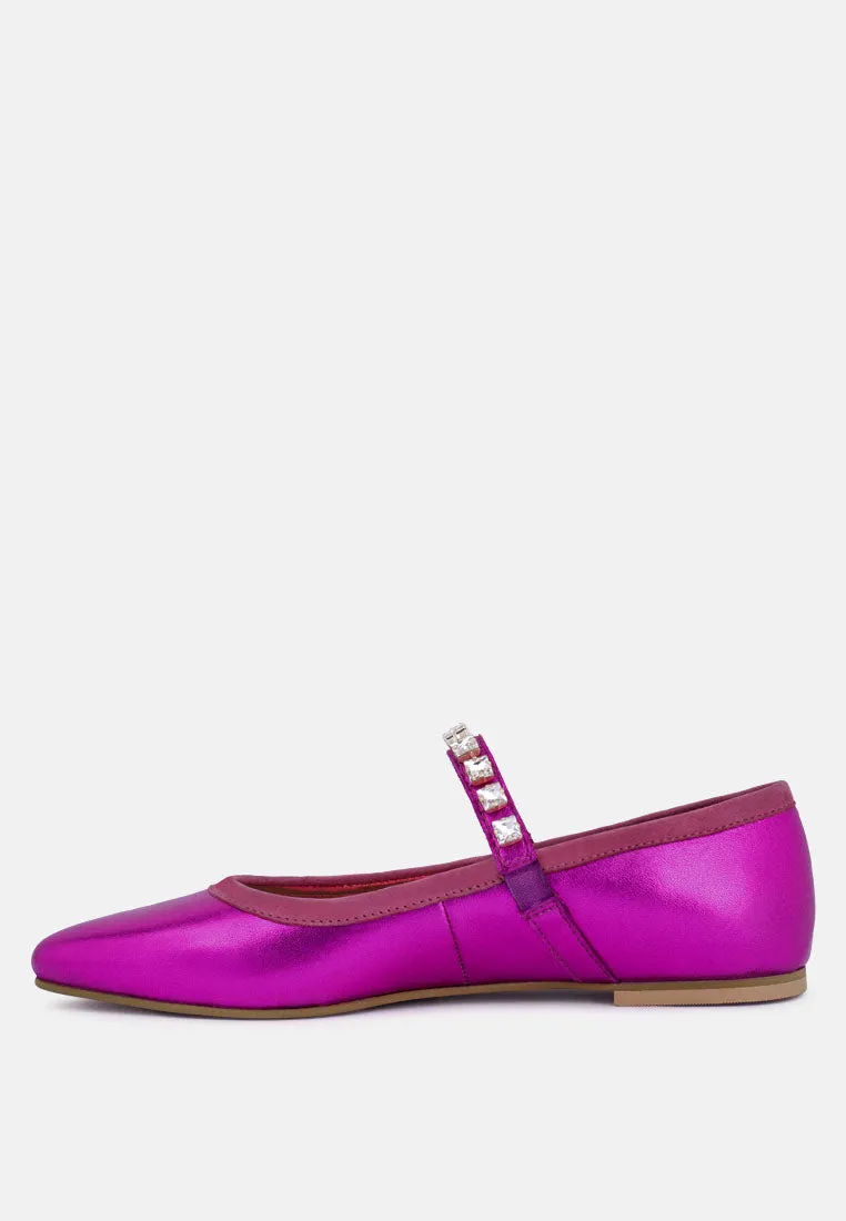 Alverno Metallic Diamante Mary Jane Leather Flats By Ruw