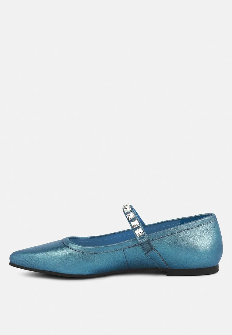 Alverno Metallic Diamante Mary Jane Leather Flats By Ruw