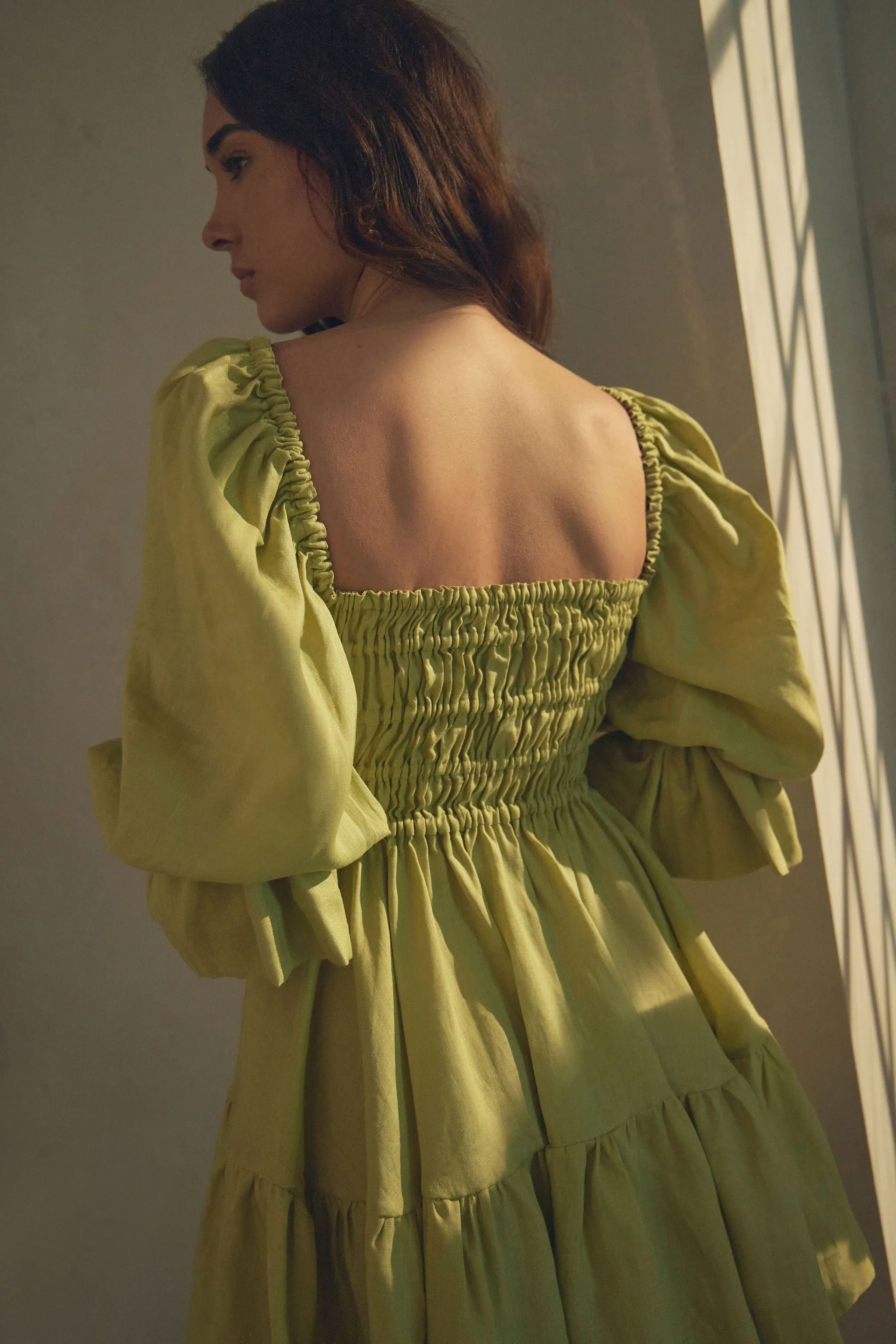 Amelia Ruched Mini Linen Dress in Lime Cream