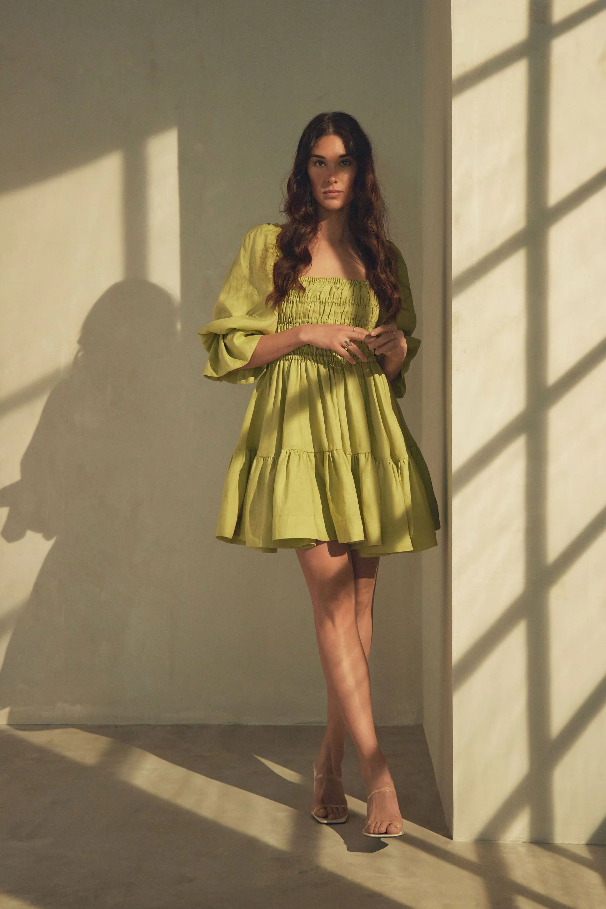 Amelia Ruched Mini Linen Dress in Lime Cream