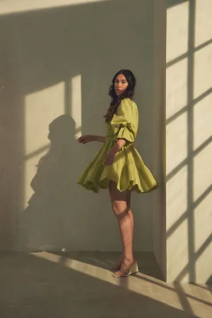Amelia Ruched Mini Linen Dress in Lime Cream