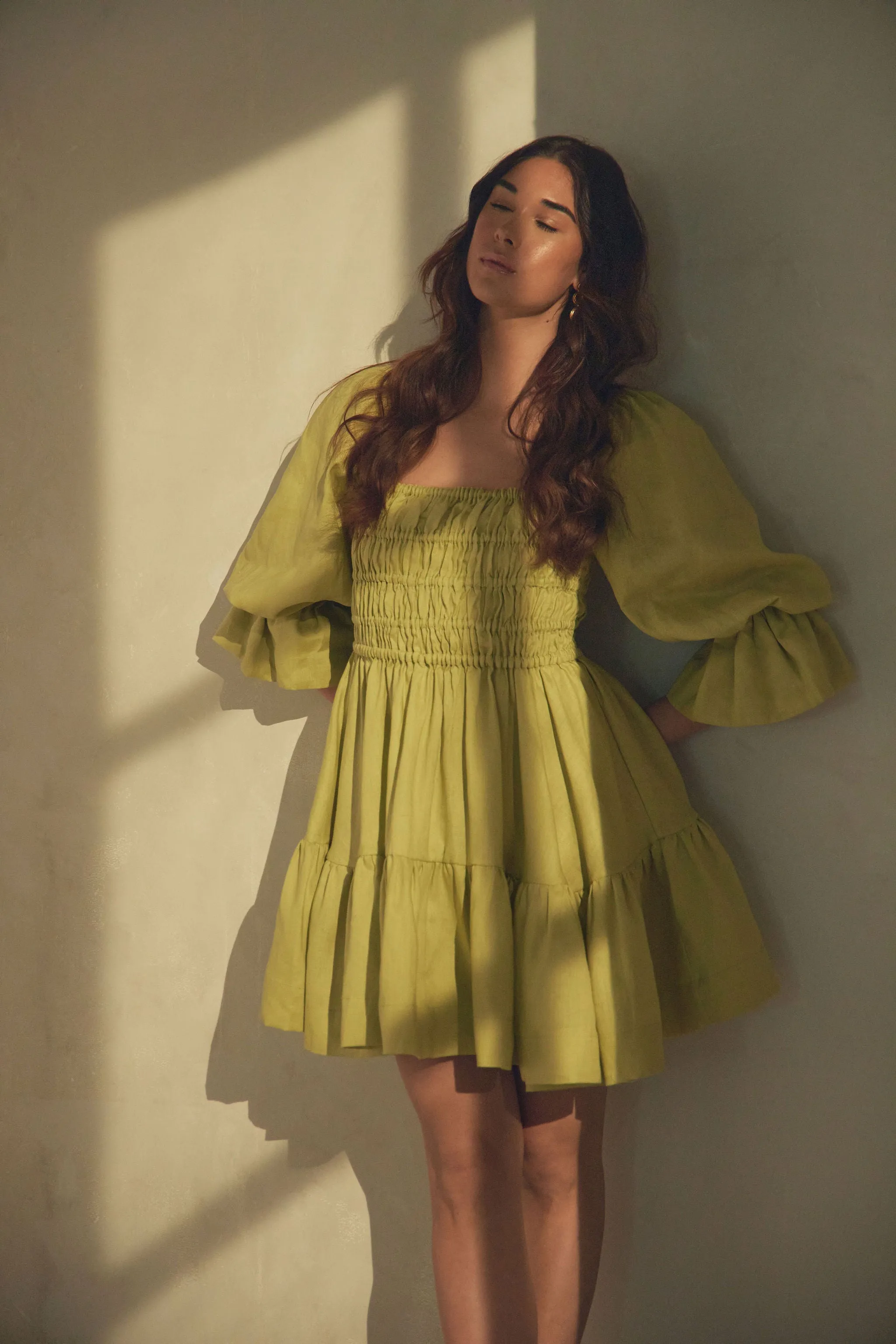 Amelia Ruched Mini Linen Dress in Lime Cream