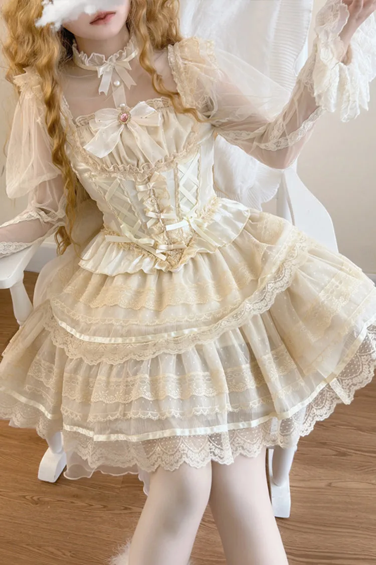 Apricot [Girl Love] Double-Layered Bowknot Lace Sweet Ballet Lolita Skirt Set