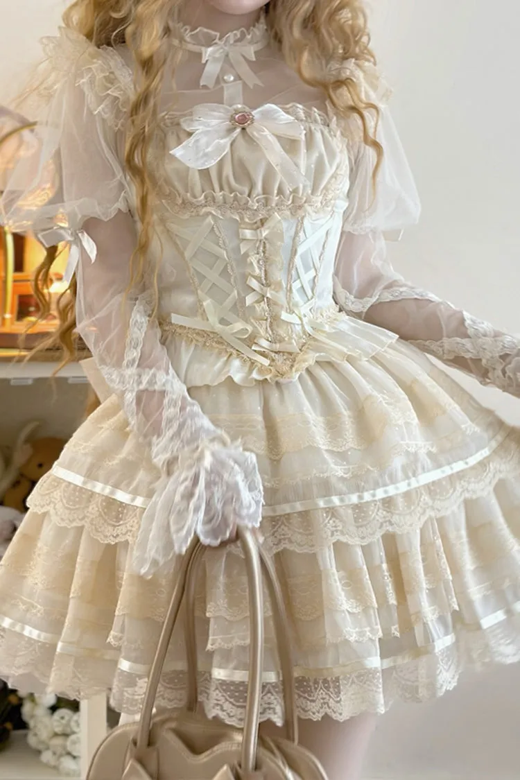 Apricot [Girl Love] Double-Layered Bowknot Lace Sweet Ballet Lolita Skirt Set