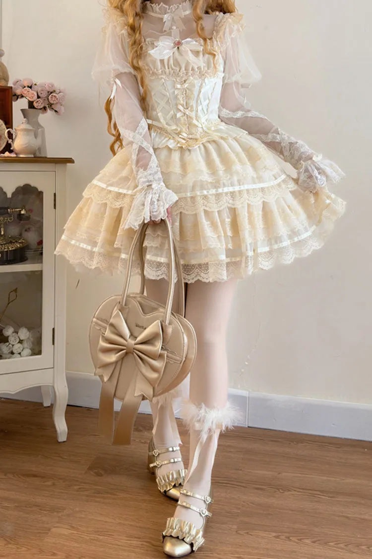 Apricot [Girl Love] Double-Layered Bowknot Lace Sweet Ballet Lolita Skirt Set