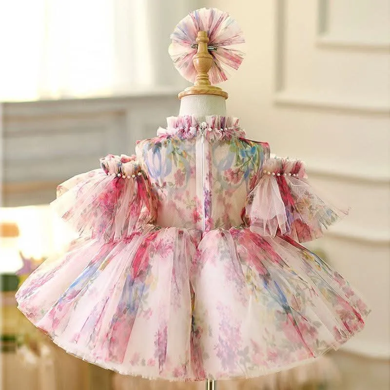 Baby birthday dress girl flower pearl tutu skirt cute flower fairy dress