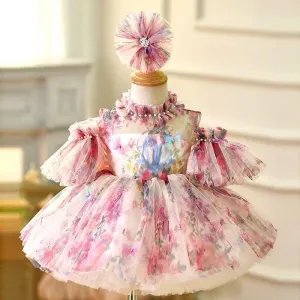 Baby birthday dress girl flower pearl tutu skirt cute flower fairy dress