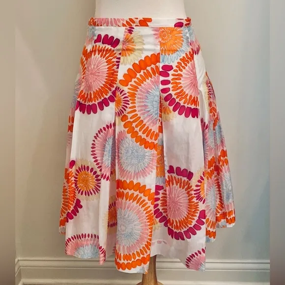 BCBGMAXAZRIA Red White Orange Floral 100% Cotton Chic Pleated Full Skirt Size 4