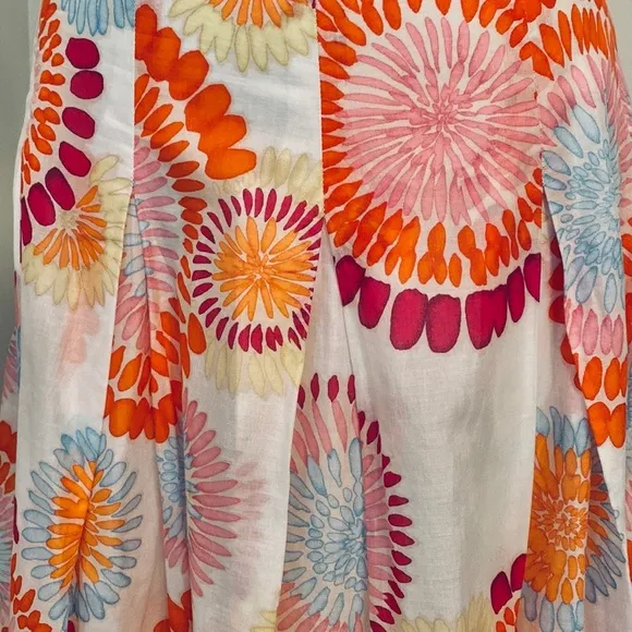 BCBGMAXAZRIA Red White Orange Floral 100% Cotton Chic Pleated Full Skirt Size 4