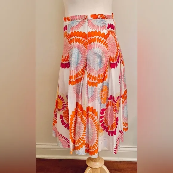 BCBGMAXAZRIA Red White Orange Floral 100% Cotton Chic Pleated Full Skirt Size 4