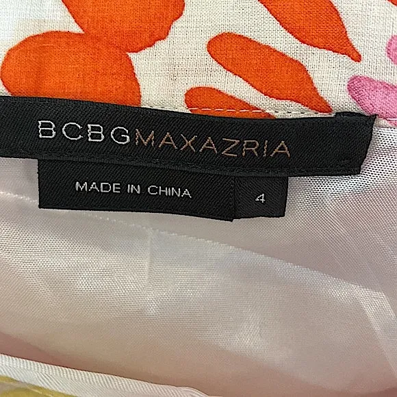BCBGMAXAZRIA Red White Orange Floral 100% Cotton Chic Pleated Full Skirt Size 4