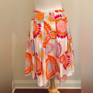 BCBGMAXAZRIA Red White Orange Floral 100% Cotton Chic Pleated Full Skirt Size 4