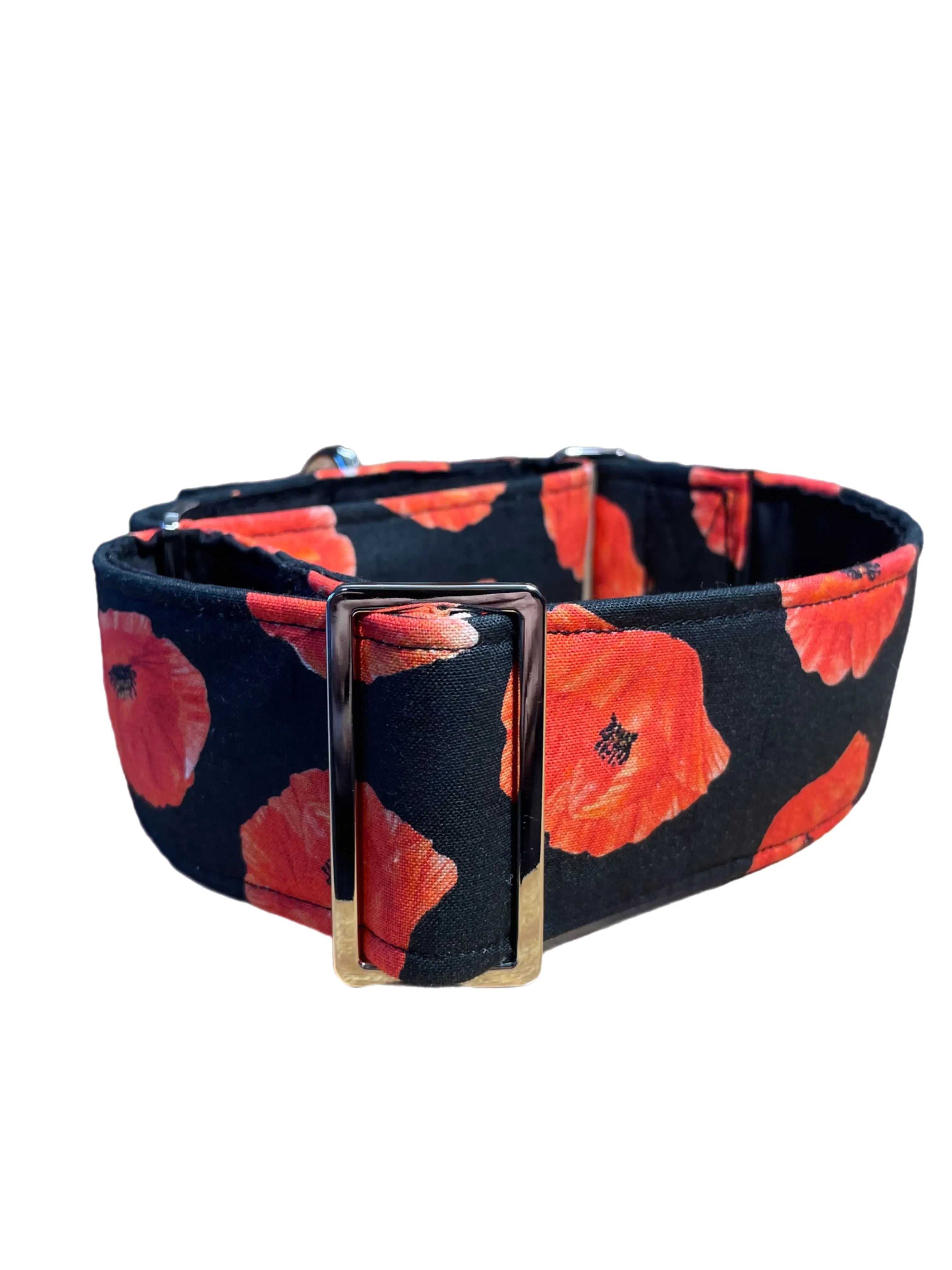 Beautiful poppies black and red greyhound Martingale collar cotton covered in 50mm & 38mm