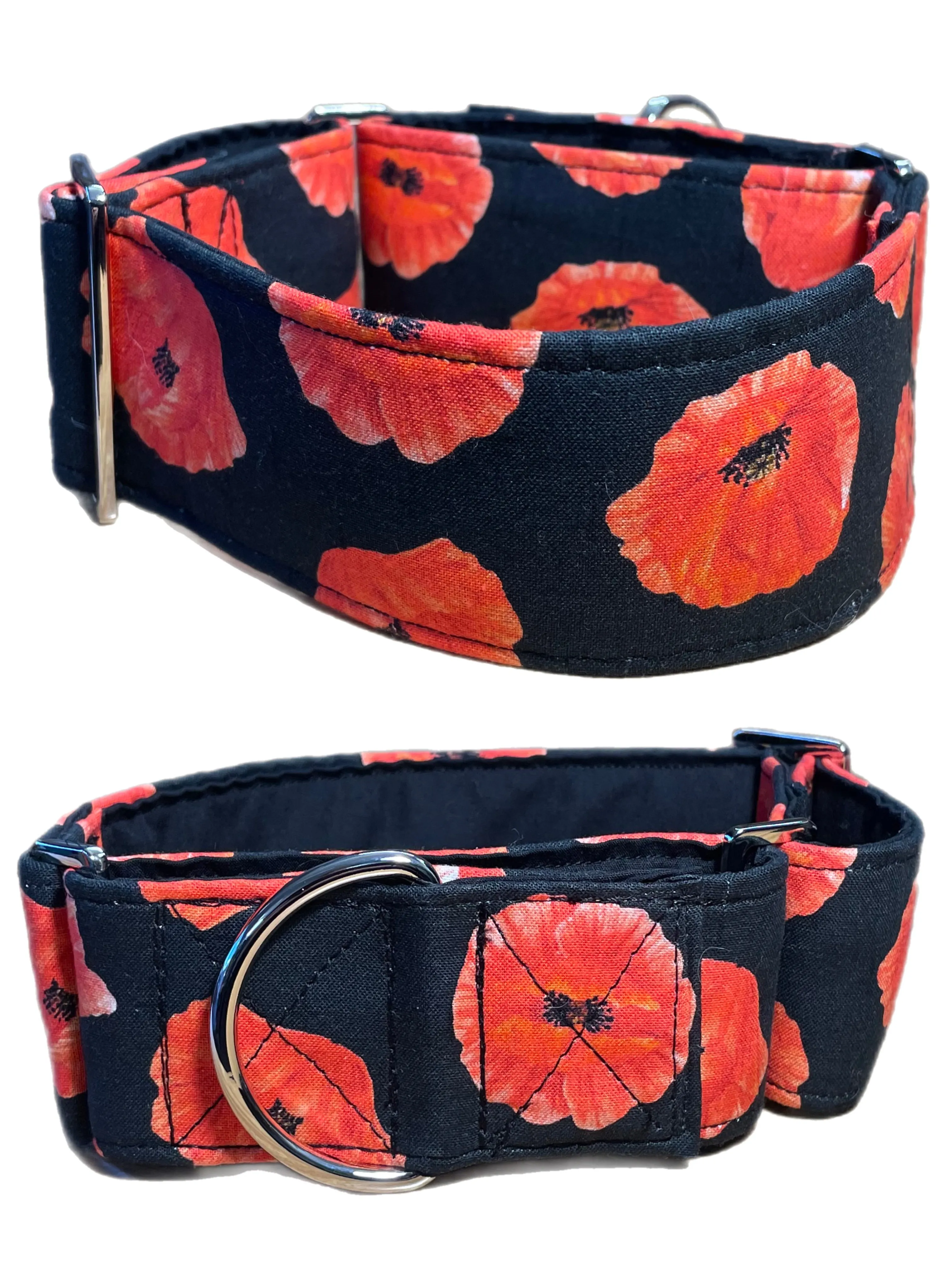 Beautiful poppies black and red greyhound Martingale collar cotton covered in 50mm & 38mm