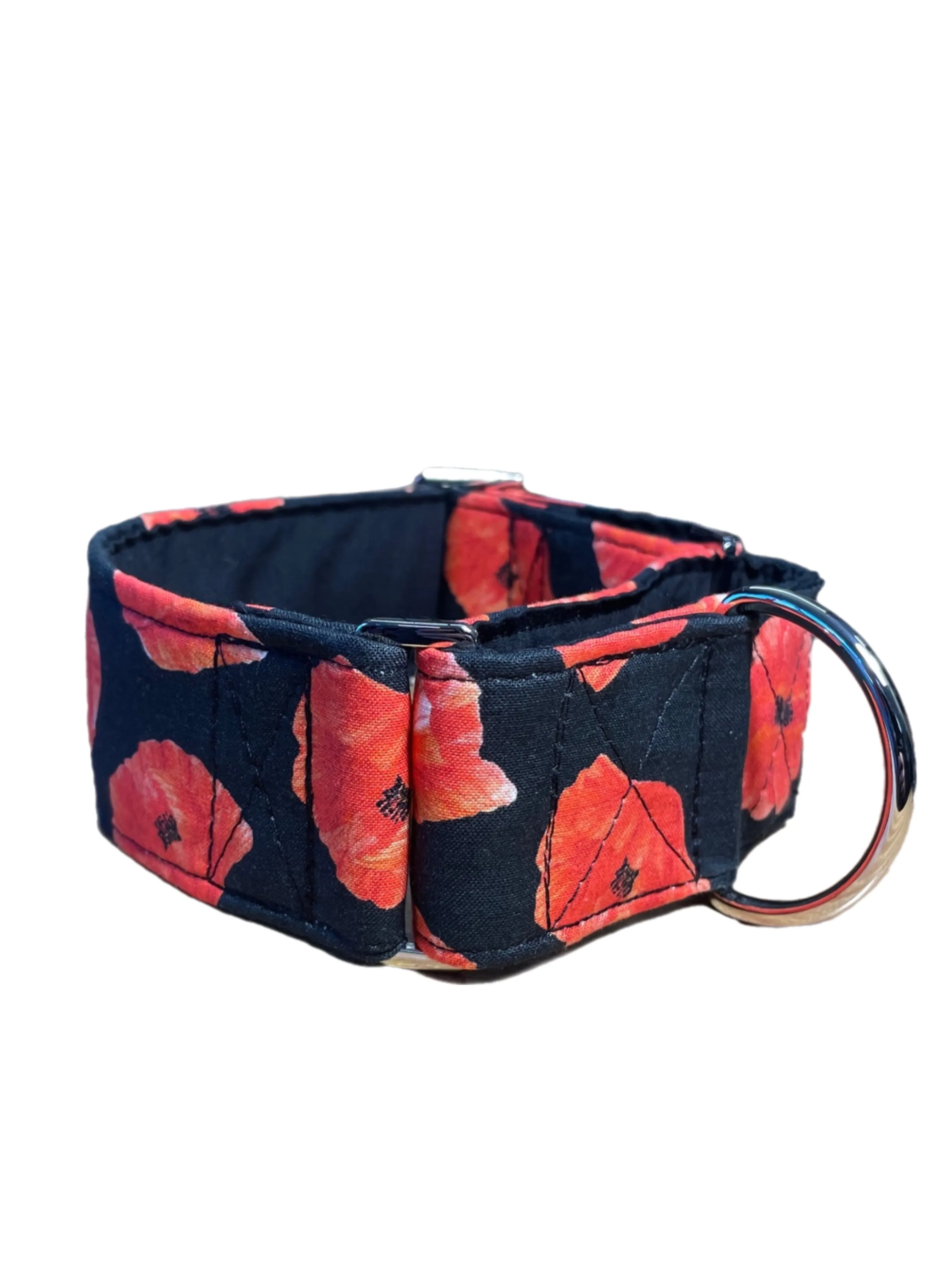 Beautiful poppies black and red greyhound Martingale collar cotton covered in 50mm & 38mm