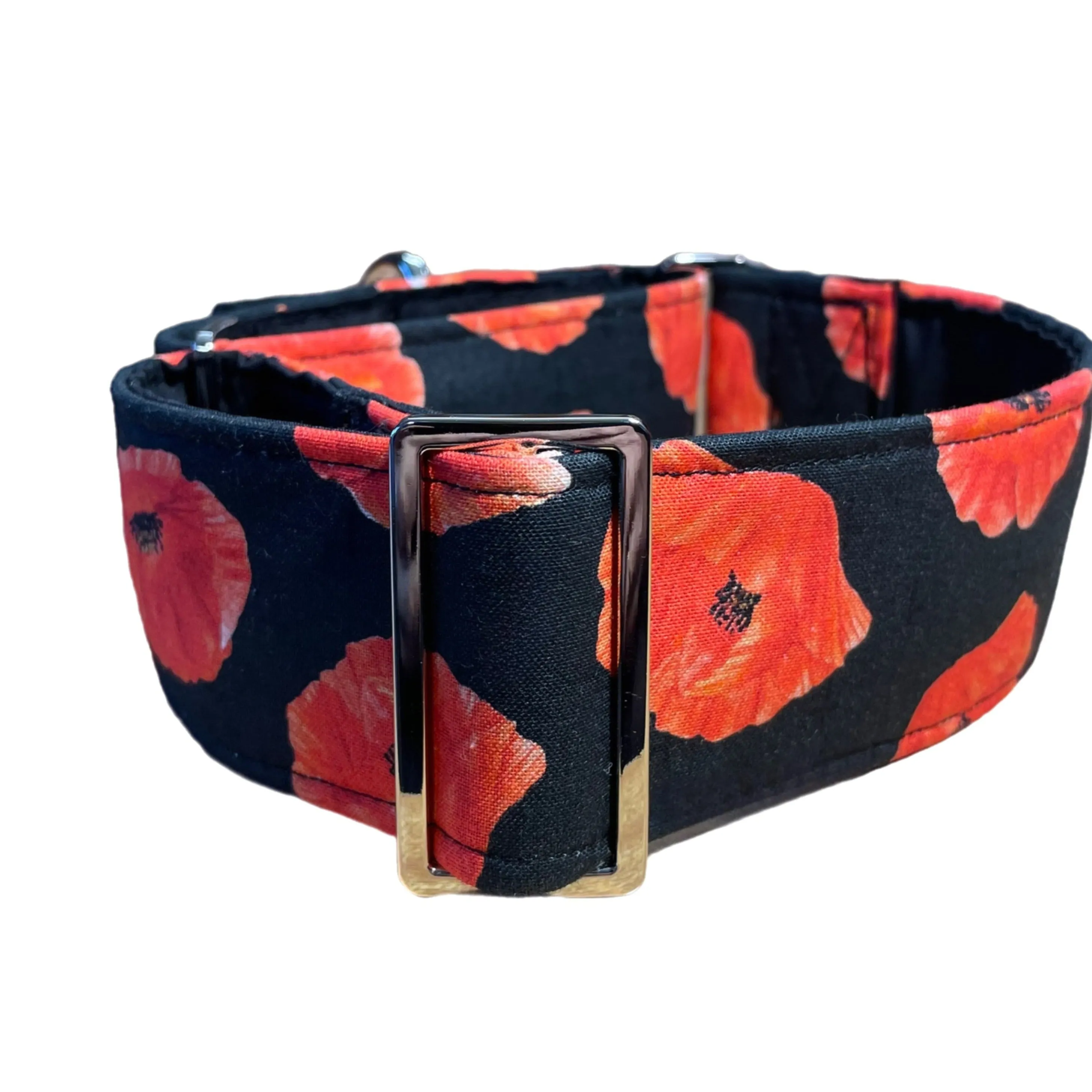 Beautiful poppies black and red greyhound Martingale collar cotton covered in 50mm & 38mm