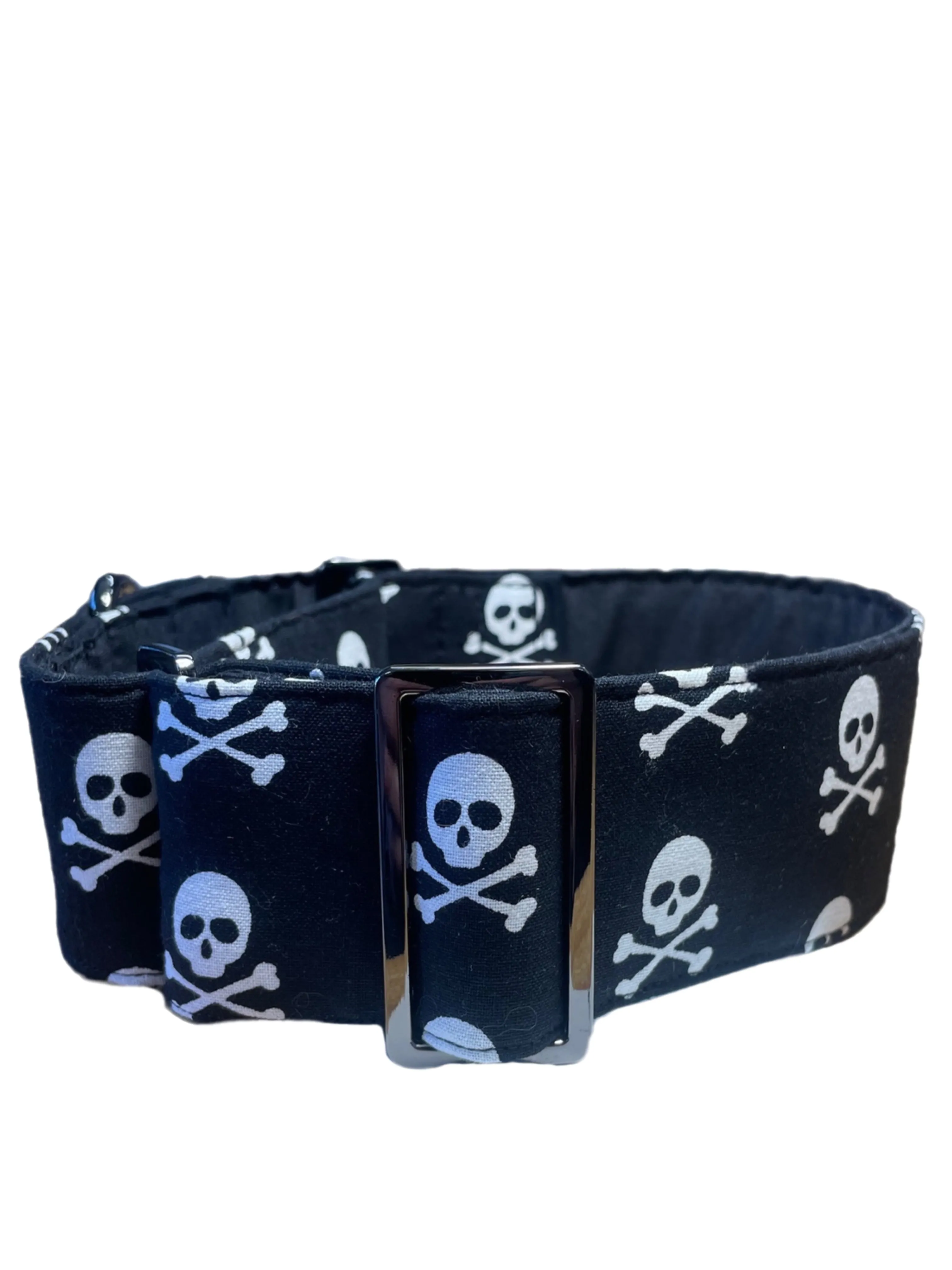 Black & white pirate skull & crossbones greyhound Martingale collar cotton covered 50mm width super soft