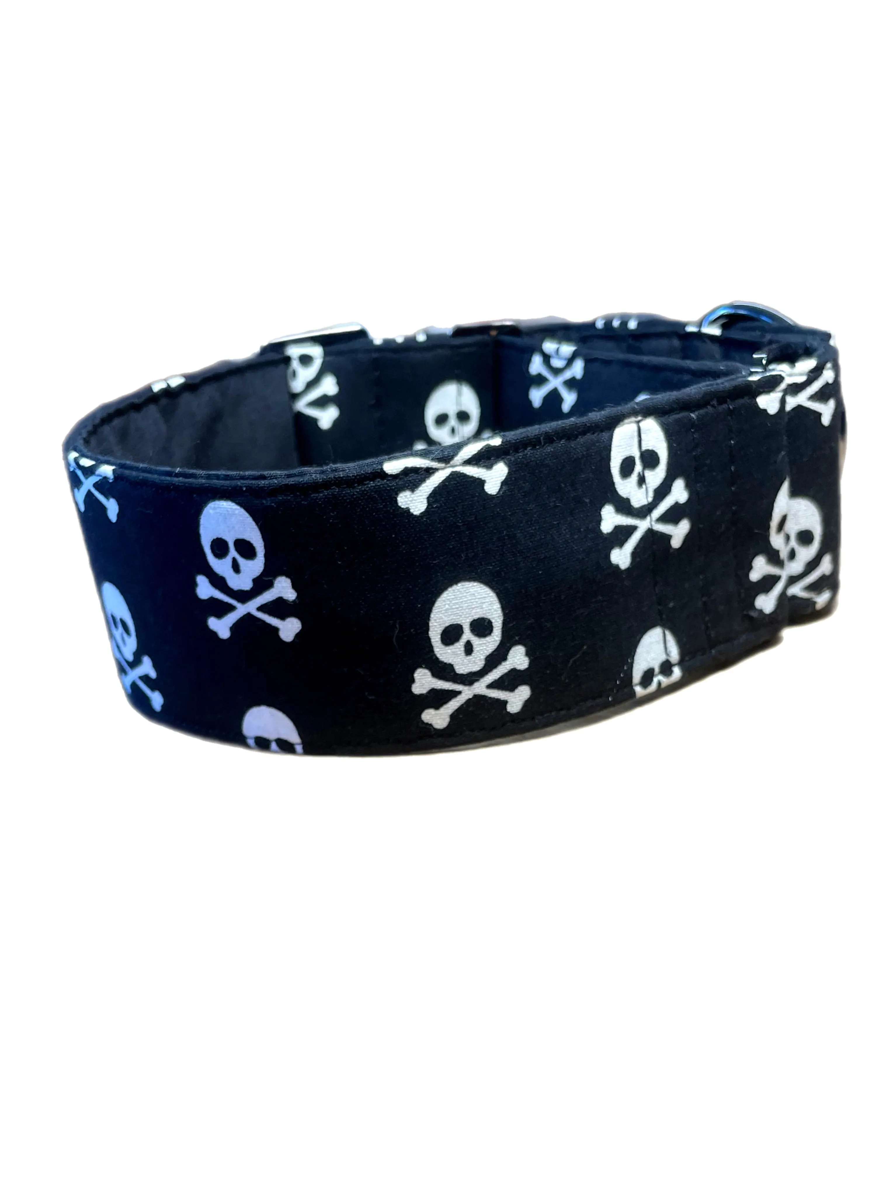 Black & white pirate skull & crossbones greyhound Martingale collar cotton covered 50mm width super soft