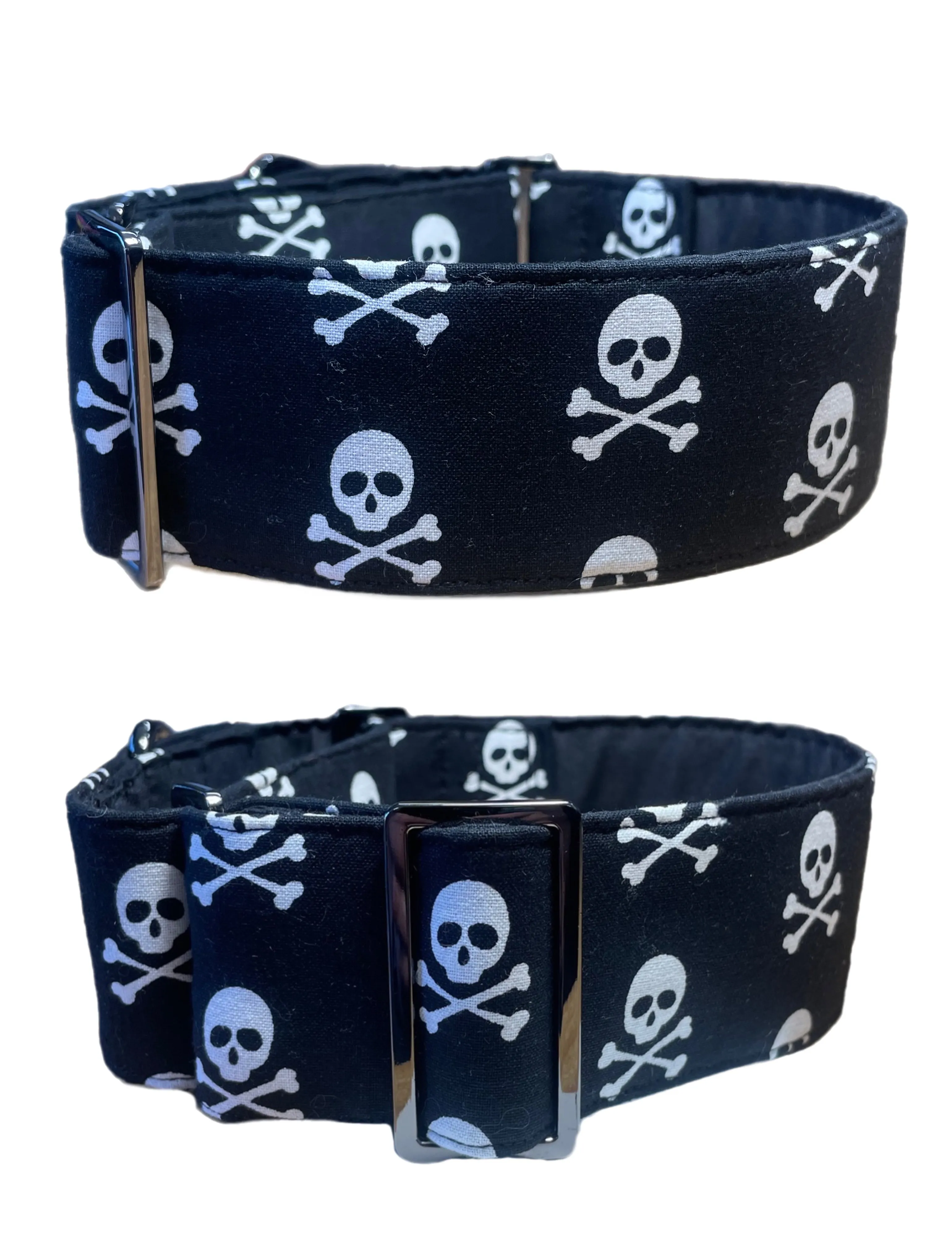Black & white pirate skull & crossbones greyhound Martingale collar cotton covered 50mm width super soft