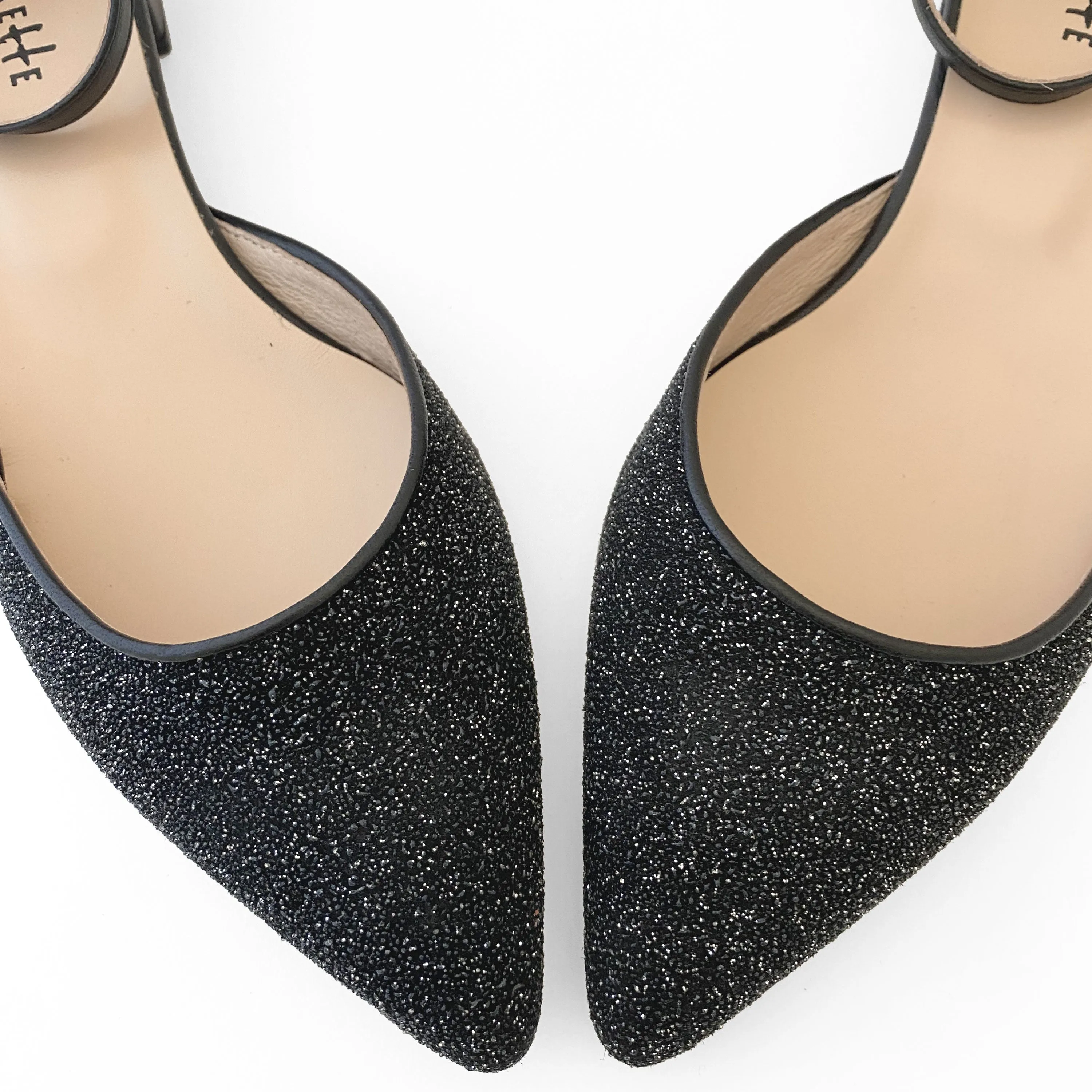 Black laminate suede sabot with ankle strap