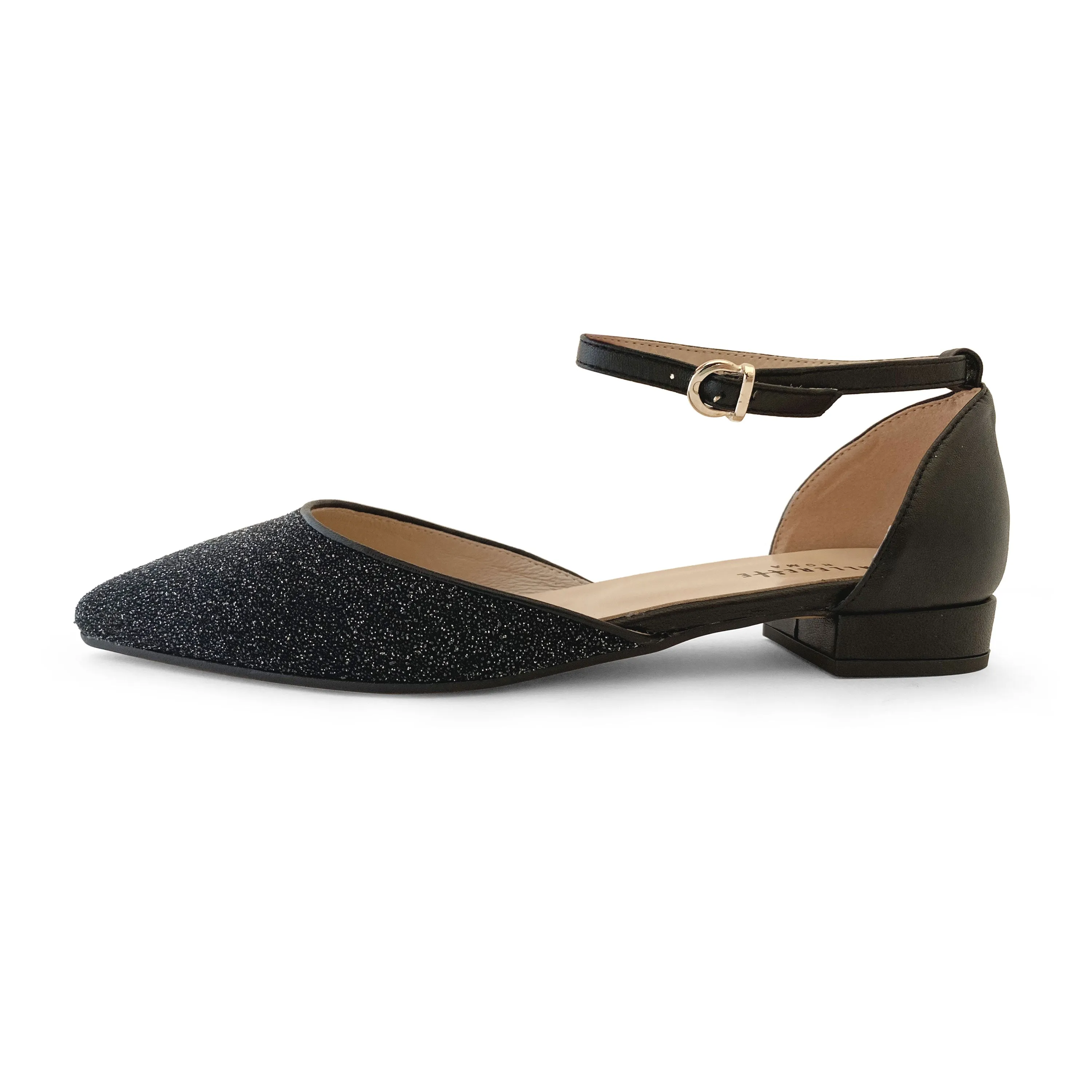 Black laminate suede sabot with ankle strap