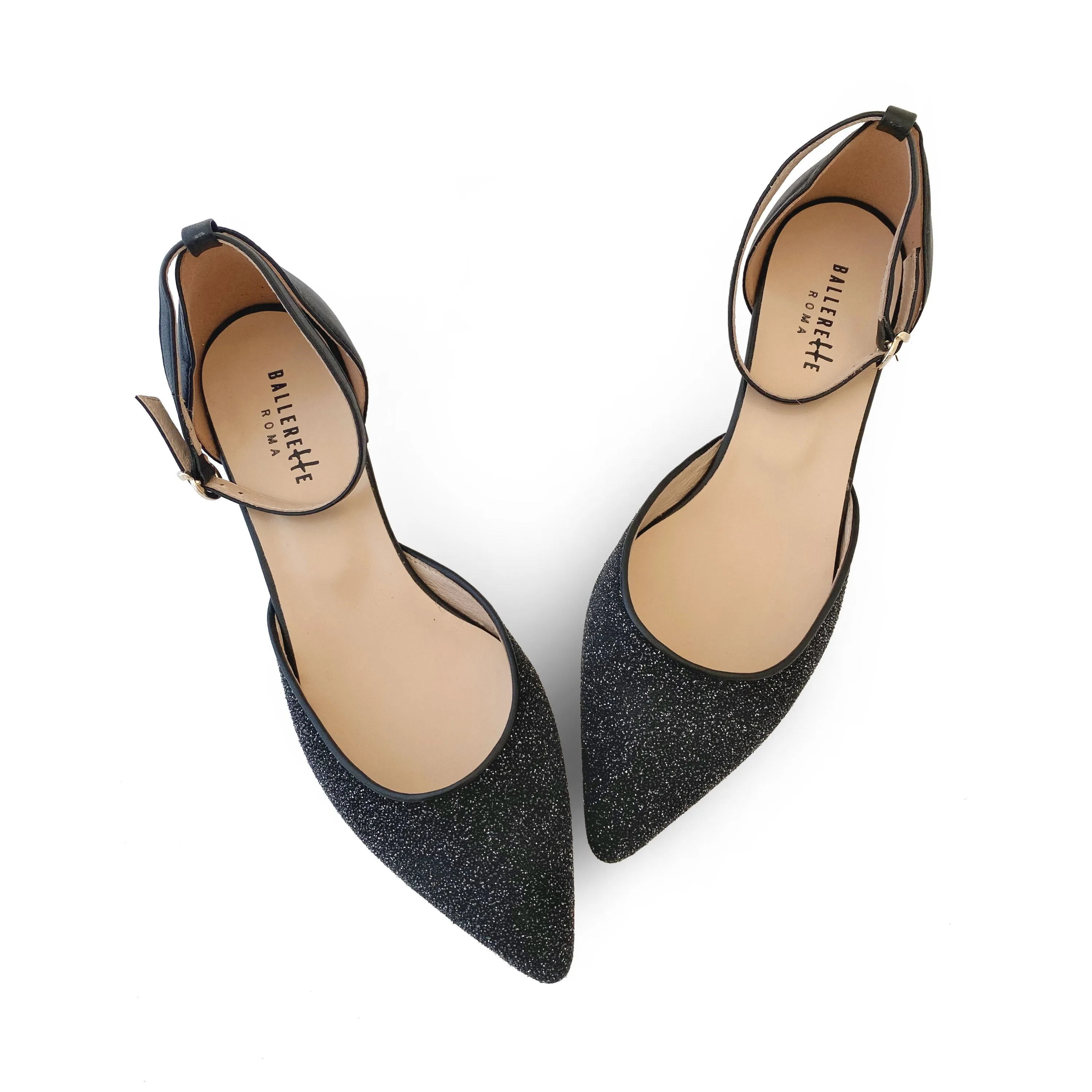 Black laminate suede sabot with ankle strap