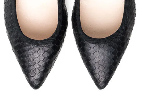 Black leather pointed toe ballet flats with cobra-skin effect