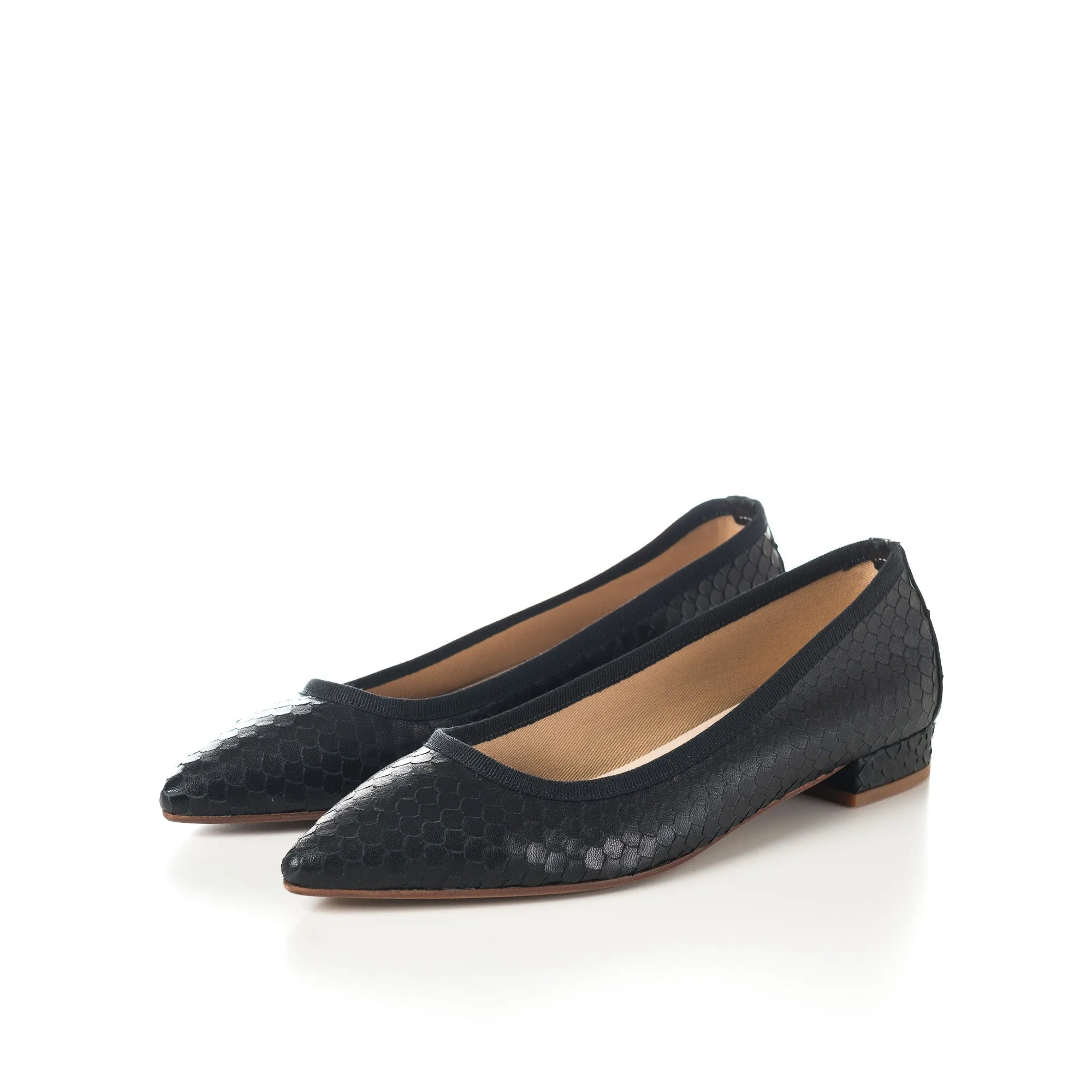 Black leather pointed toe ballet flats with cobra-skin effect