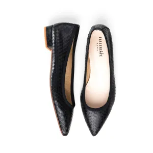 Black leather pointed toe ballet flats with cobra-skin effect