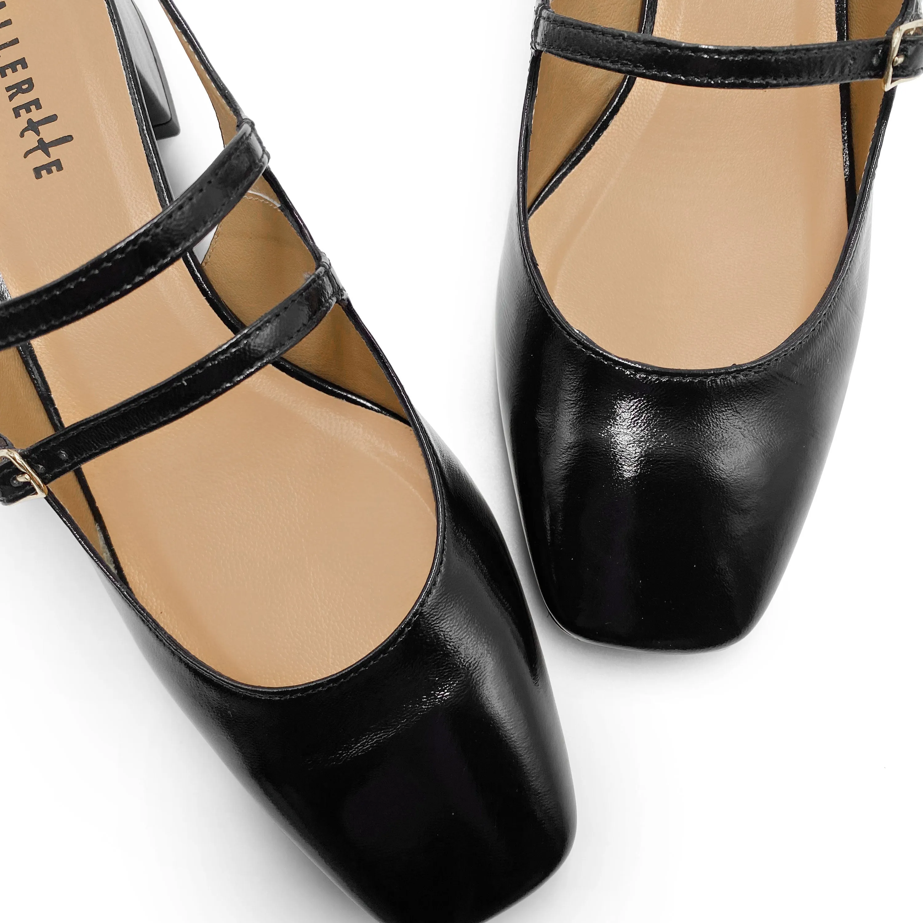 Black shiny leather slingback ballet flats with heel