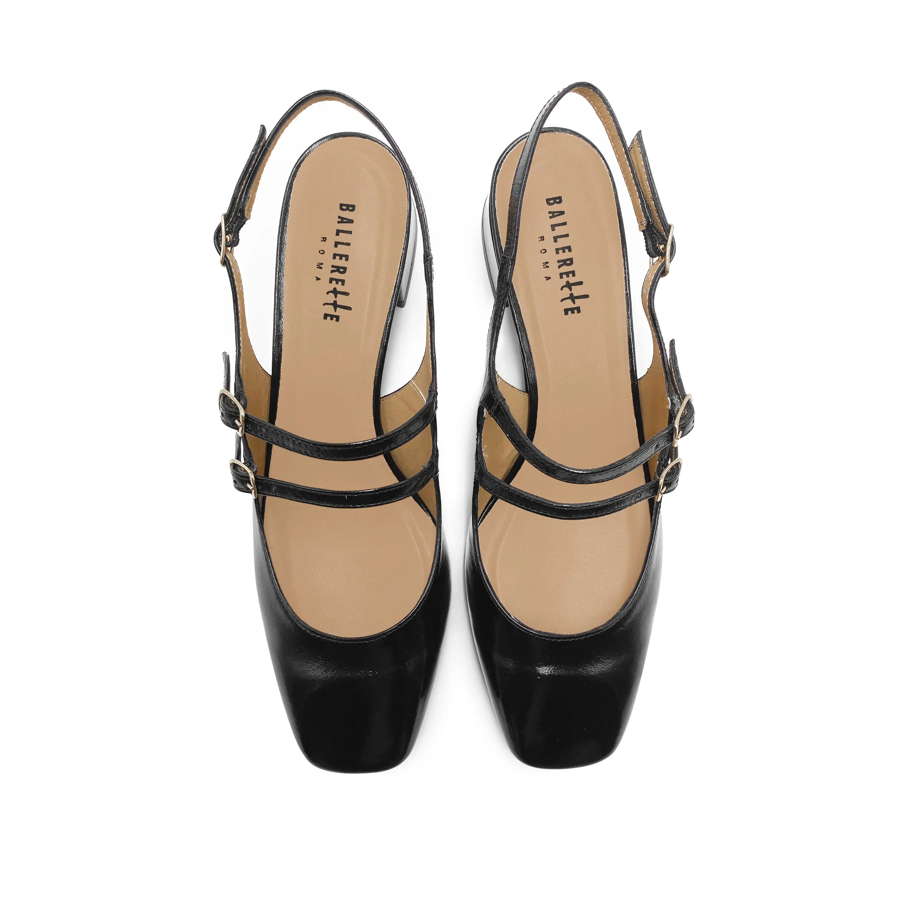 Black shiny leather slingback ballet flats with heel