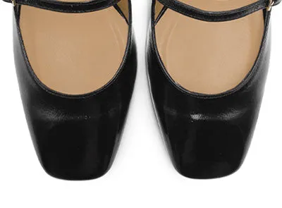 Black shiny leather slingback ballet flats with heel